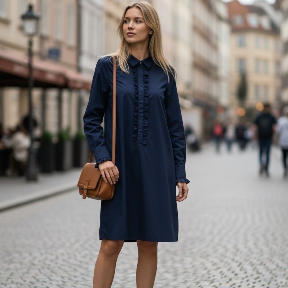 Lafayette 148 New York Navy Blue Ruffle Trim Cotton Blend Shirt Dress Womens M